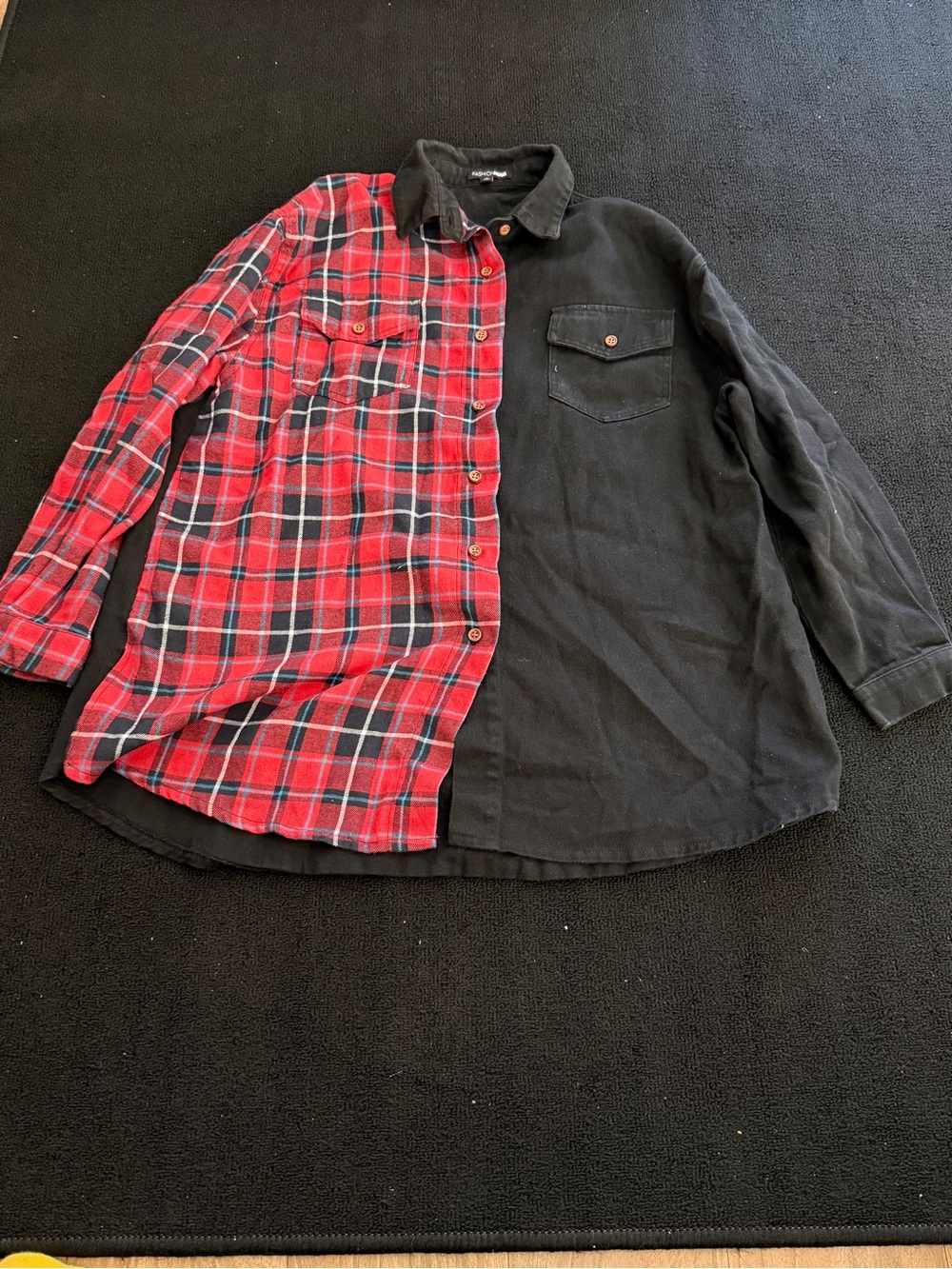 Half-Red Plaid Half-Black Button-Up Shirt - Men